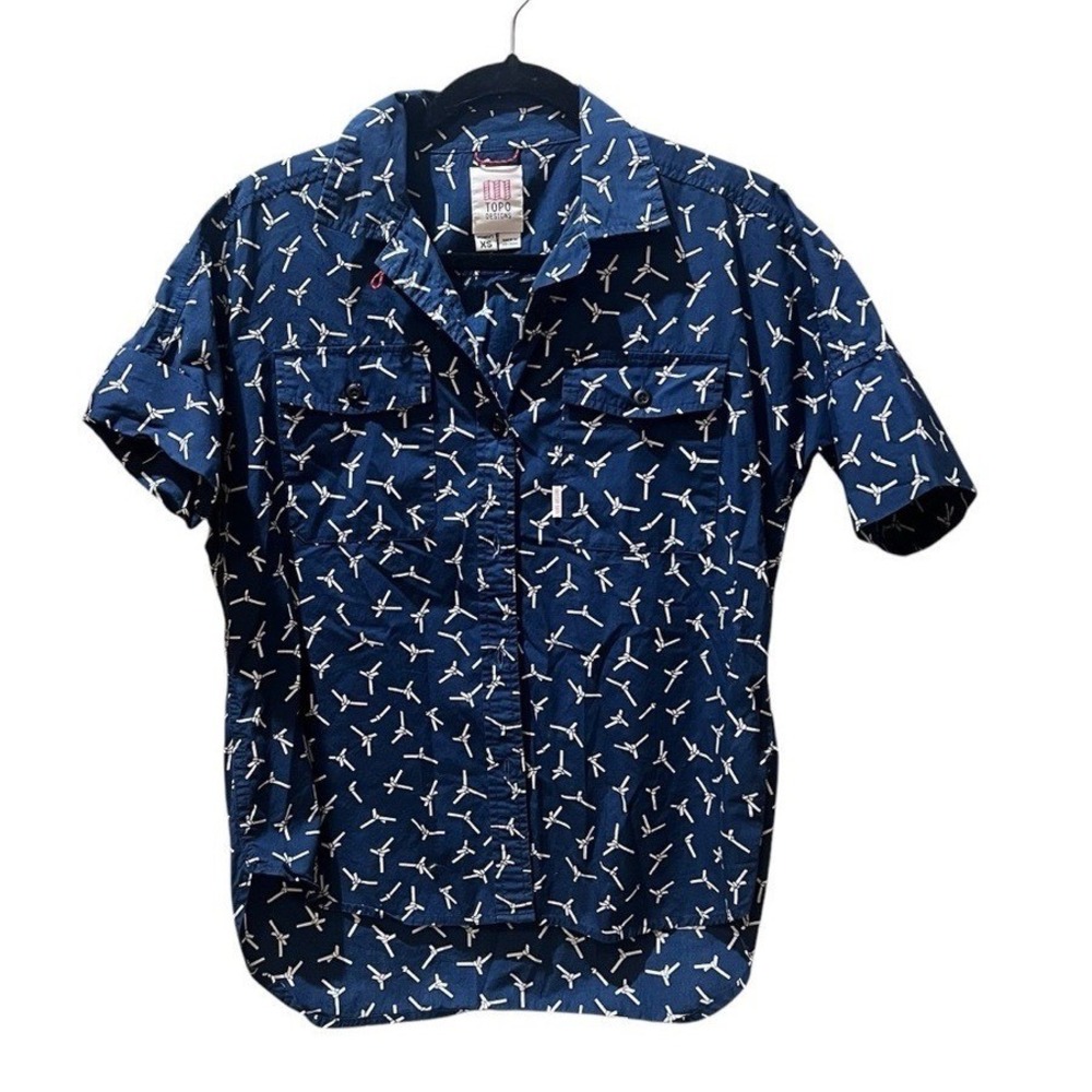 Topo Designs Womens XS Navy Blue Cotton Short Sleeve‎ Button Down Print Shirt